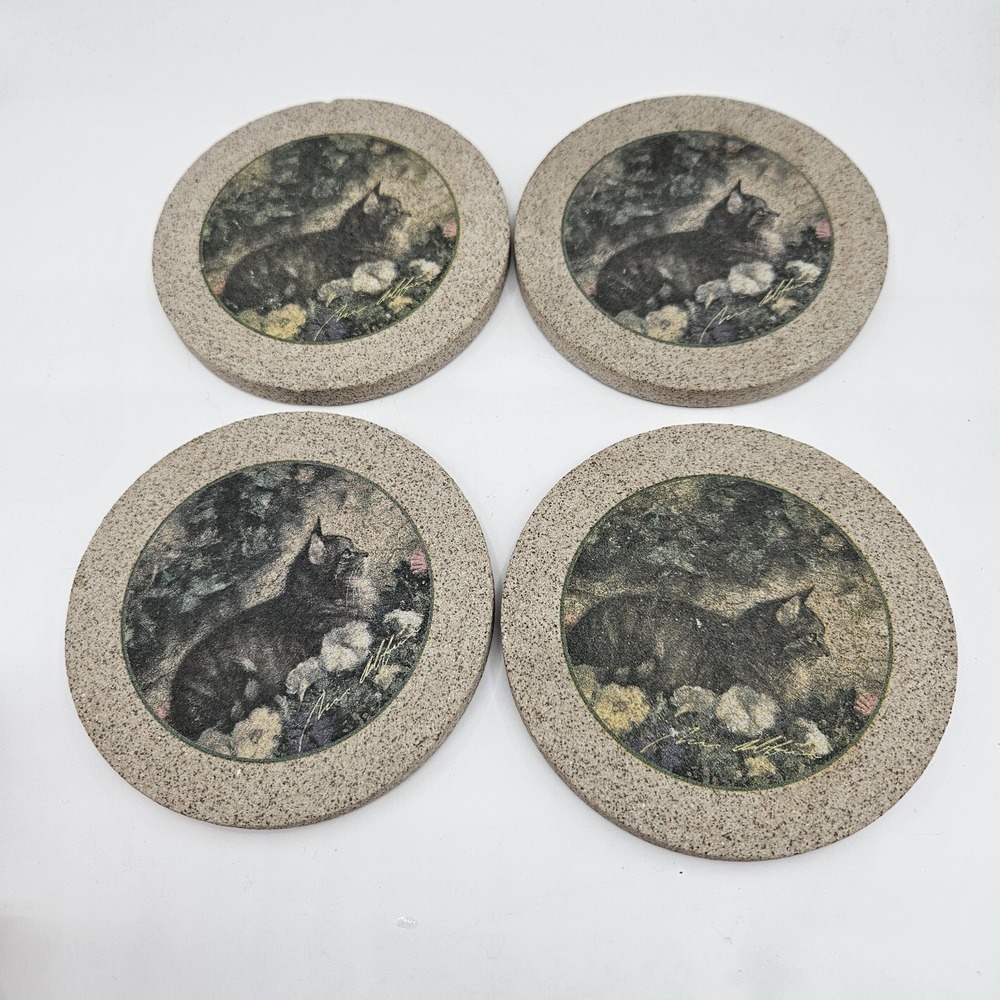 4 Vintage Cat Coasters Natural Sandstone Cork Back *heavy* Grandma Core